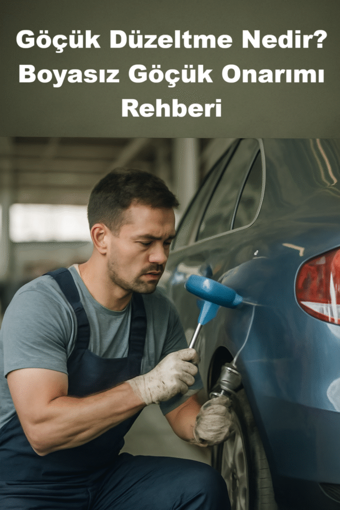 Boyasız göçük düzeltme yapan oto tamir ustası araç kaportasını onarıyor