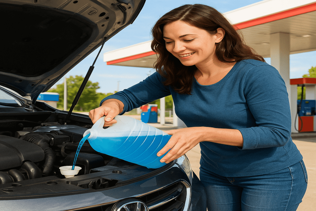 Bir kadın otomobilin cam suyunu antifrizli cam suyu ile dolduruyor
